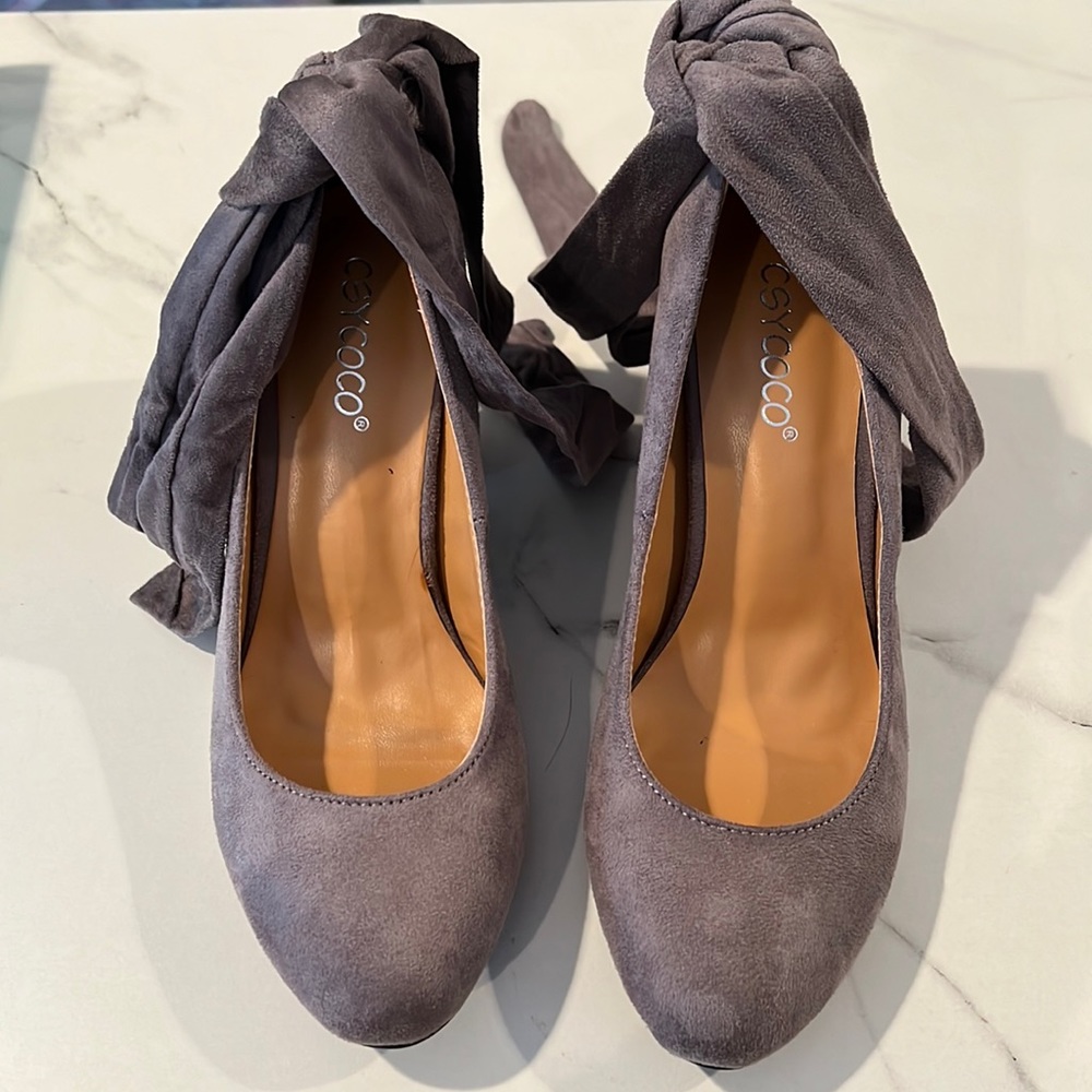 GREY FAUX SUEDE ANKLE TIE HEELS